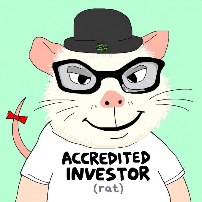 A cartoon illustration of a white rat wearing glasses, a black cap, and a t-shirt reading 'ACCREDITED INVESTOR (rat)'.