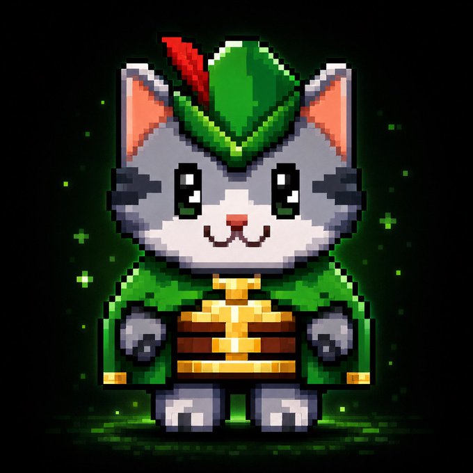 A pixel art illustration of a cute gray and white cat character wearing a green Robin Hood-style outfit with a feathered hat and a gold chest piece.