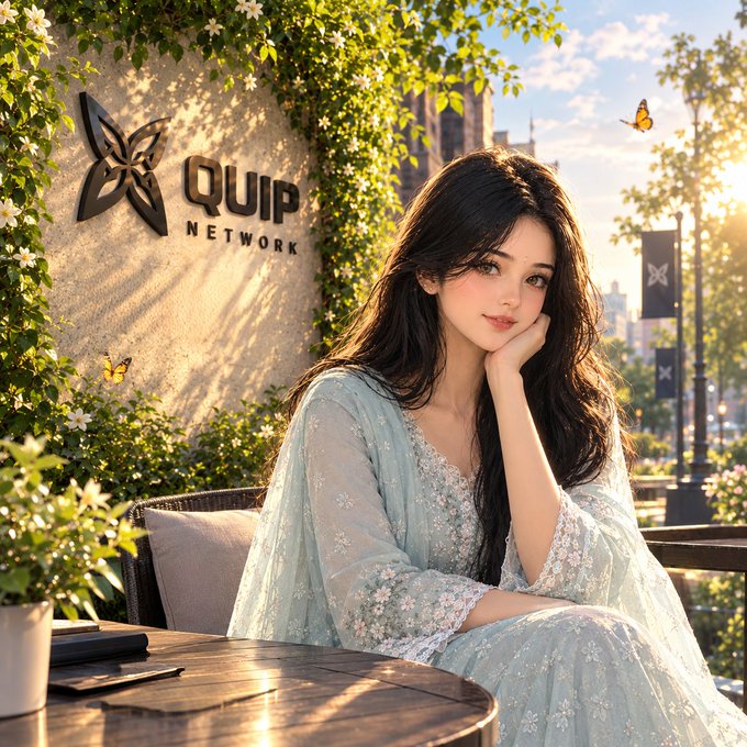 A digital illustration of a woman with long dark hair sitting at a table in front of a wall featuring the "QUIP NETWORK" logo, surrounded by greenery and butterflies.