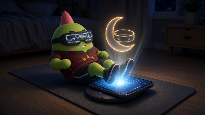 A green cartoon character with a red horn and glowing VR-style glasses sits on a black mat, with a glowing phone displaying wave patterns and a crescent moon with a floating container above it.