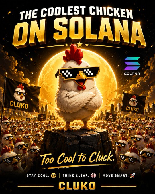 A gathering of chickens wearing pixelated sunglasses are seen at night, with the headline "THE COOLEST CHICKEN ON SOLANA" and "CLUKO" branding, reinforcing the post's message about "The Coolest Chicken on Solana." The Solana logo is also prominently displayed.