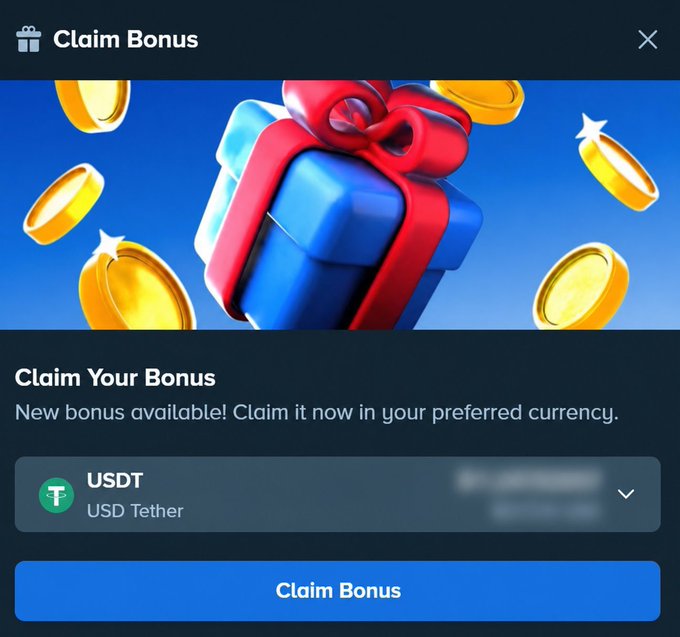 A "Claim Bonus" popup shows a blue gift box with a red ribbon surrounded by gold coins, offering a bonus claimable in USDT (USD Tether). The image connects to the tweet by depicting the type of bonus reward that users can claim through platforms like Stake, as promoted by @godimsoaked.