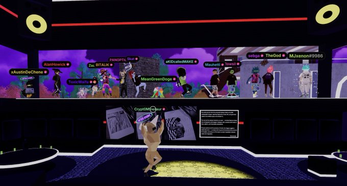 A screenshot from a VRChat virtual world showing multiple avatars in a nightclub-like setting with usernames like 'AlanHowick', 'PANDQTYL', 'Zax_BITALK', 'iKIDCalledMAX', 'xAustinDoChene', 'ToxicWaffle', 'MeanGreenDogs', 'Mauhett', 'sebgs', 'TheGod', 'MJxenon#9968', and 'CryptoOG' displayed above the avatars.