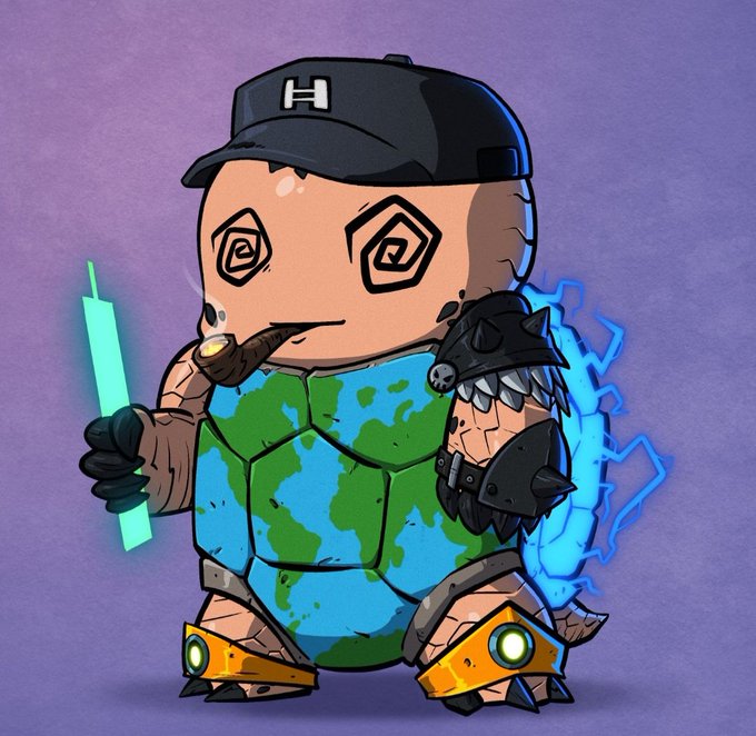 The image features a cartoon turtle character with a hat, holding a pipe and smoking something that looks like a joint or cigar. The turtle has a green shell and is wearing orange boots. The background of the image is purple, which contrasts with the turtle's colors. There are also some text elements in the image, including the words "@timelessturts" and "#Hashinals", possibly indicating the artist who created this character or an event related to it.