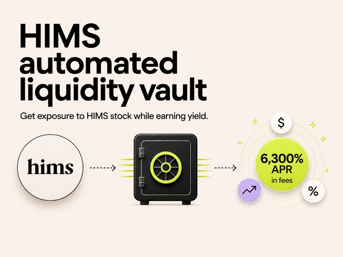 A promotional graphic for HIMS automated liquidity vault with text reading 'Get exposure to HIMS stock while earning yield' and '6,300% APR in fees' alongside a vault illustration.