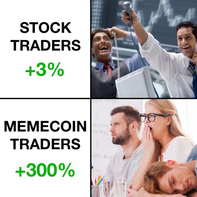 The image is a two-panel meme comparing "STOCK TRADERS +3%" showing excited traders celebrating with a phone, to "MEMECOIN TRADERS +300%" showing overwhelmed people reacting in shock with their child sleeping—satirically highlighting how meme coin traders experience far more extreme gains (and stress) than traditional stock traders.