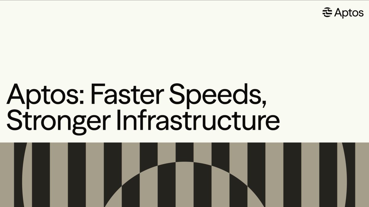 A minimalist promotional graphic for Aptos reading 'Aptos: Faster Speeds, Stronger Infrastructure' with the Aptos logo and a striped geometric design.