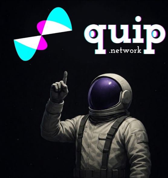 An astronaut in a spacesuit points upward toward a glowing "quip.network" logo with a colorful atom-like symbol, symbolizing the project's forward-looking mission. The cosmic imagery reinforces the post's message about Quip Network delivering quantum-resistant security for the next era of crypto.