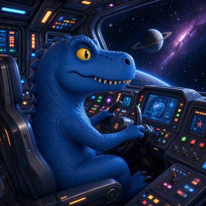 A whimsical digital illustration of a cartoonish blue dinosaur sitting in a spaceship cockpit, gripping the steering controls while a view of space with a ringed planet is visible through the window.