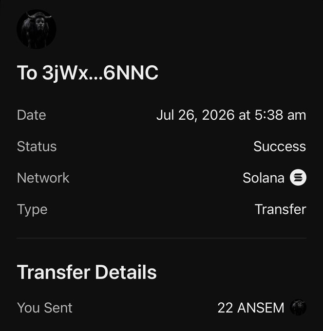 A Solana transaction confirmation showing a successful transfer of 22 ANSEM tokens (worth $100,000) sent to address 3jWx...6NNC on July 26, 2026, fulfilling the promised onchain token giveaway.