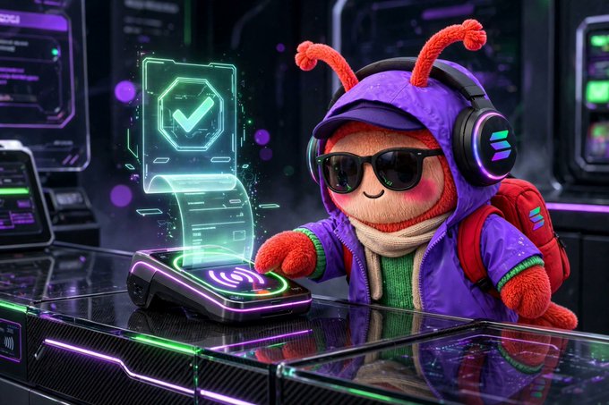 A 3D-rendered cartoon character, resembling a red ant or bug wearing a purple hoodie and sunglasses, interacting with a glowing green holographic interface in a dark, neon-lit setting.