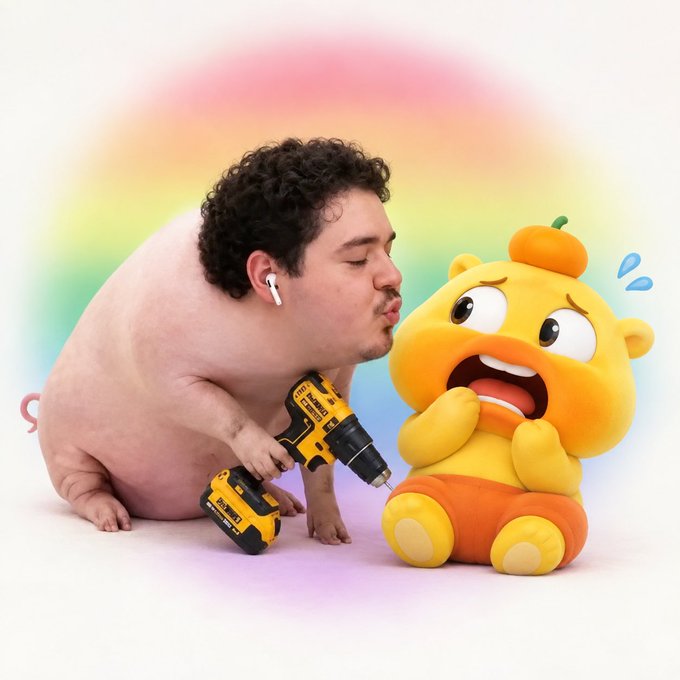 A humorous edited image showing a man's face and curly hair photoshopped onto a small pig body holding a power drill, appearing to interact with a crying orange cartoon character against a rainbow gradient background.