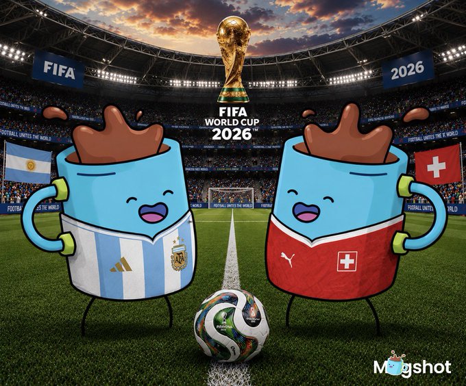 A cartoon graphic features chocolate-filled mugs wearing Argentina and Switzerland jerseys, with 'FIFA WORLD CUP 2026' text and the World Cup trophy above a soccer ball on a stadium field, branded with a 'Mogshot' logo.