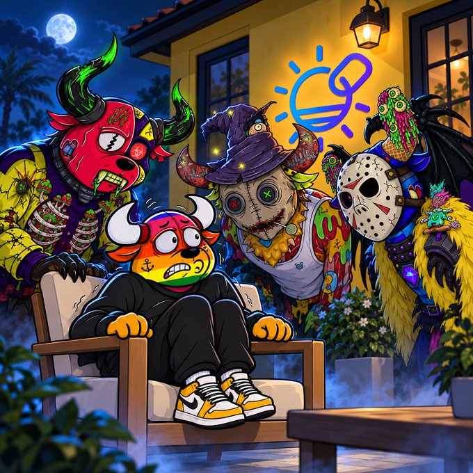 A colorful cartoon illustration of a frightened cow character sitting in a chair, surrounded by monstrous Halloween-themed versions of classic characters including a hockey-masked slasher and a scarecrow.