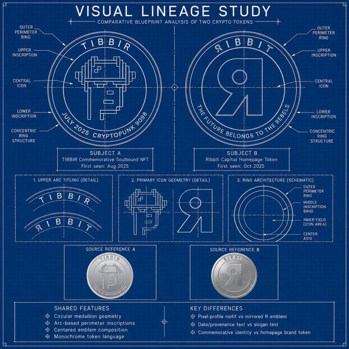 The image shows a blue-bordered diagram of two coins, one labeled "Tibir" and the other "Ribbit", with their respective descriptions below them. The coin labeled "Tibir" has a design that resembles a face or head, while the coin labeled "Ribbit" features a circular shape. The image also includes text that provides context about the coins' origins and how they relate to each other.