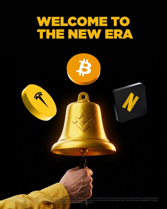 A promotional graphic reading "WELCOME TO THE NEW ERA" showcases a hand ringing a golden bell emblazoned with the Binance logo, surrounded by floating coin and tile icons representing Bitcoin (BTC), BNB, and a stock token ticker—visually reinforcing the message that the opening bell has gone on-chain through bStocks' crypto-based stock trading platform.