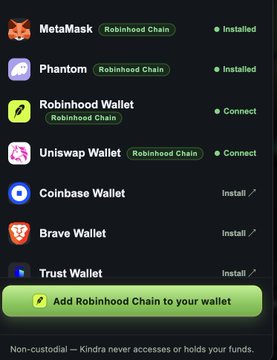 A wallet integration menu displays options including MetaMask, Phantom, Robinhood Wallet, Uniswap Wallet, Coinbase Wallet, Brave Wallet, and Trust Wallet, with a green "Add Robinhood Chain to your wallet" button at the bottom. The image highlights the newly added Uniswap Wallet support (alongside already-supported MetaMask, Phantom, and Robinhood Wallet) on Robinhood Chain, aligning with the post's announcement about integrating @Uniswap wallet support for users to play on playkindra.com.