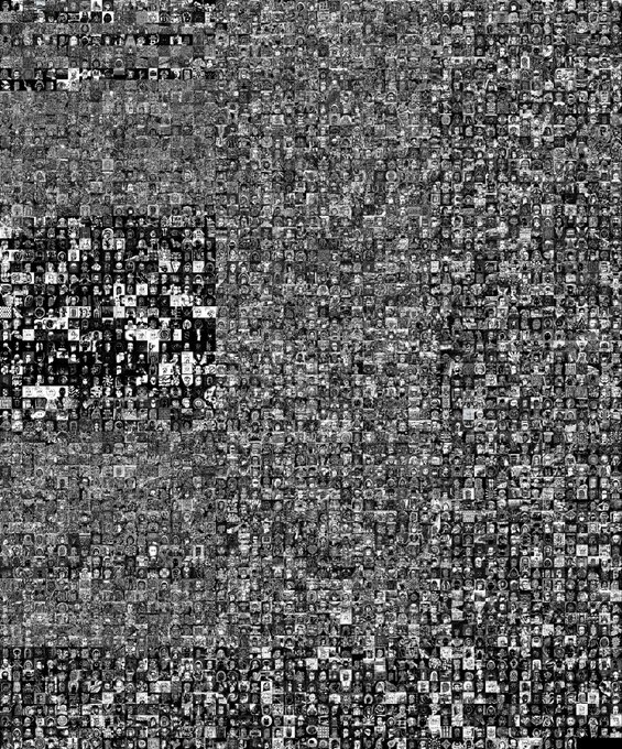 A grayscale mosaic composed of many small images forming a larger textured pattern.
