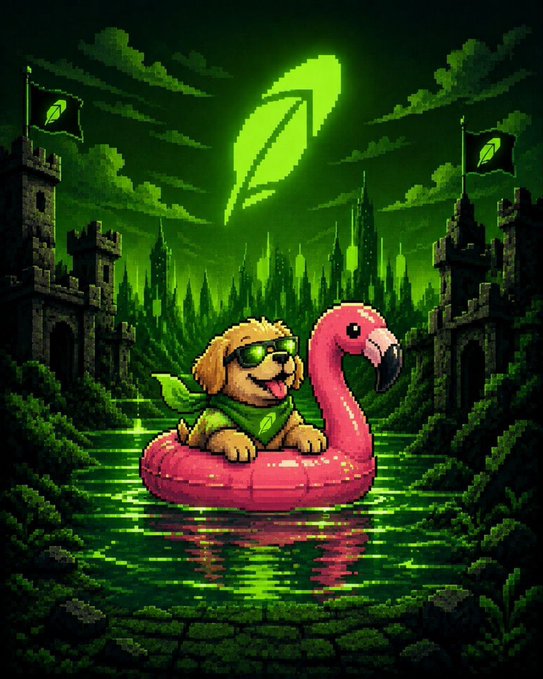 A pixel art-style illustration of a golden retriever wearing green sunglasses and a leaf scarf, floating on a pink flamingo pool tube in a green river, with a large glowing leaf and dark castle towers in the background.