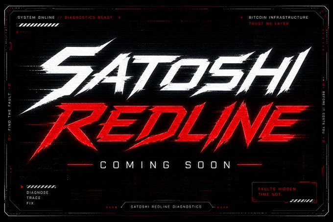 A bold graphic design with the text 'SATOSHI REDLINE COMING SOON' in white and red stylized fonts, featuring tech-themed UI elements and warnings like 'BITCOIN INFRASTRUCTURE' and 'FAULTS HIDDEN.'