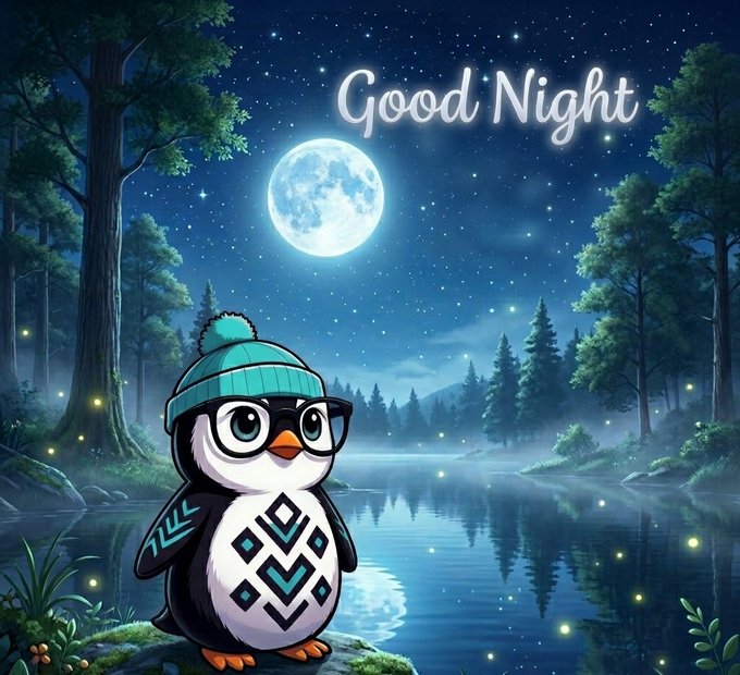 The image features a cartoon penguin wearing glasses sitting on rocks next to a lake at night with trees around them. The background of the image has a full moon and stars, creating a serene atmosphere. Below the image, there's text that reads "Good Night" followed by a message about taking it easy and getting some rest.