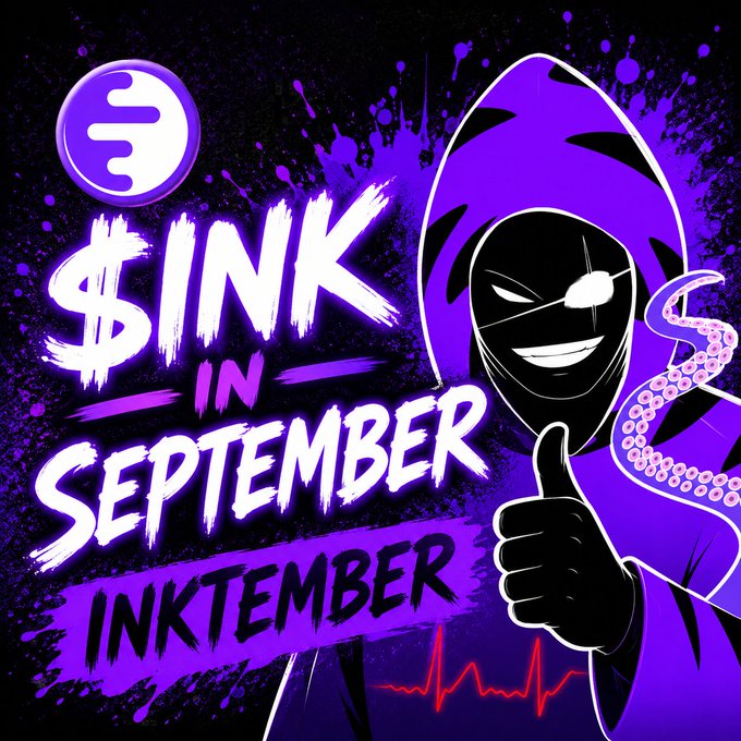 The image is a stylized "Ink in September - Inktember" promotional graphic featuring a hooded character with a smiling mask giving a thumbs up, surrounded by purple paint splatters and octopus tentacles, with a stylized "S" logo in the corner. It visually reinforces the post's hype around the $INK token and Inkonchain's Kraken Wallet launch, tying the creative "Inktember" art theme to the crypto narrative.