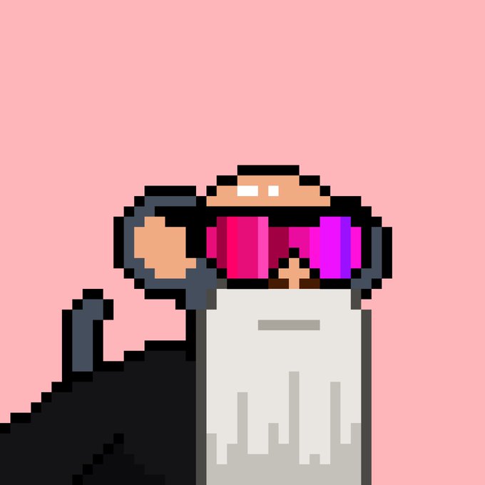 A pixel art illustration of a bald character wearing a pink and purple outfit and headset, with a small black creature beside them, set against a pink background.