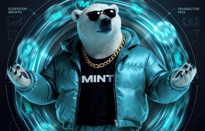 A stylized white bear mascot wearing sunglasses, a gold chain, and a teal puffer jacket with a shirt reading "MINT" stands at the center of a glowing teal circular digital backdrop, with "ECOSYSTEM GROWTH" and "TRANSACTION FEES" labels flanking it, matching the post's focus on PlayOnMint's structured $MNTD loyalty system.
