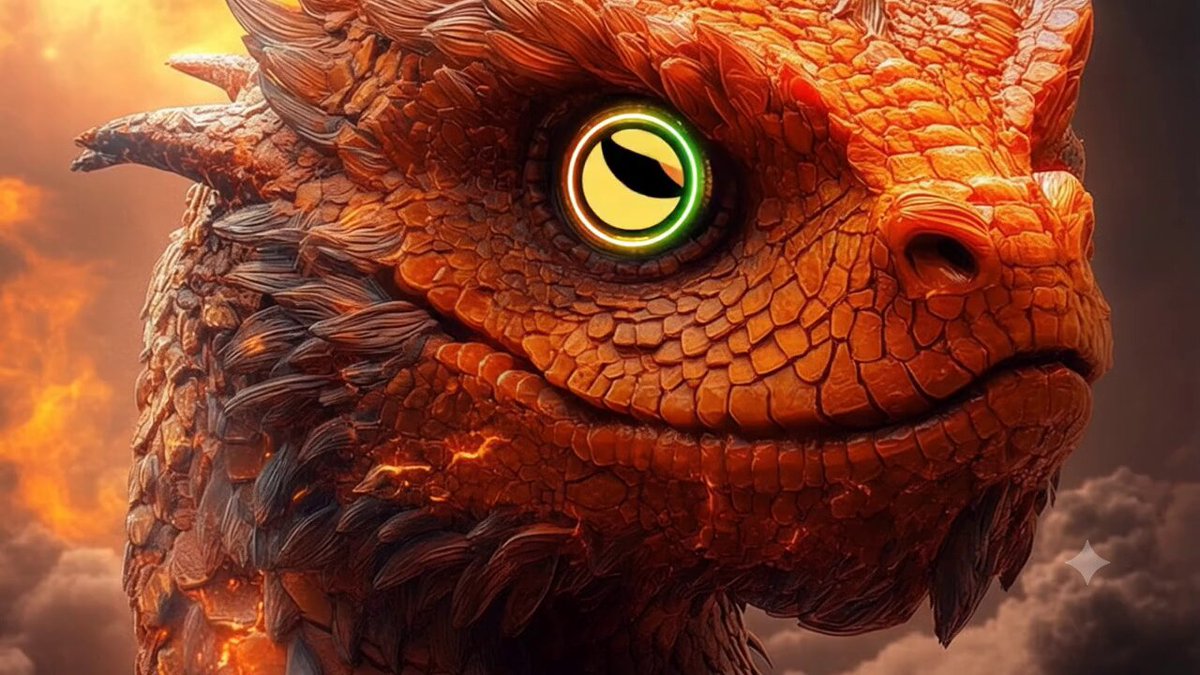 The image features a close-up of an orange dragon's face, with its eyes open as if looking at something or someone. The background appears to be a dark gray color, possibly representing clouds or a stormy sky. The text "LUNC" is visible in the image and seems to be related to the post about the dragon.