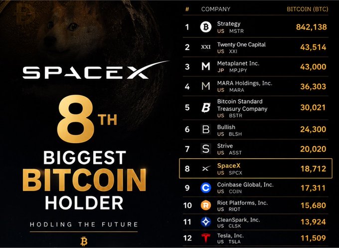 An infographic listing the biggest corporate Bitcoin holders, with SpaceX (SPCX) highlighted in 8th place with 18,712 BTC, and Tesla (TSLA) shown in 12th place with 11,509 BTC.