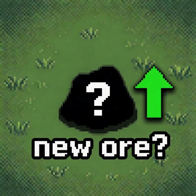 The image features an advertisement with a green arrow pointing upwards that reads "New ore?". The text above the arrow is in white, which stands out against the green background of the image. The image also includes a small black rock placed on top of the green grassy area and a question mark symbolizing a new type of resource or skill being offered to players.