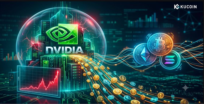 A futuristic digital illustration featuring the NVIDIA logo within a glowing tech-themed globe, surrounded by flowing streams of cryptocurrency coins and a red line chart depicting a market spike, with the KuCoin logo in the corner—visually representing NVIDIA's record-high CDS surge amid growing concerns over $750B+ AI infrastructure commitments.