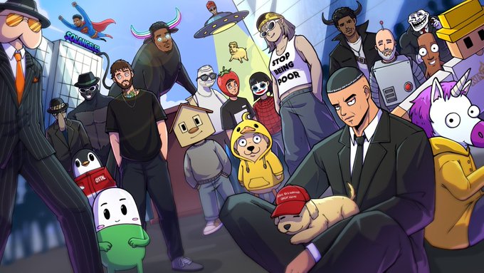 An illustration of a diverse group of characters gathered in a city setting, featuring figures in various outfits including a man in a suit holding a pug wearing a 'Make content Great Again' hat, and people in animal costumes.