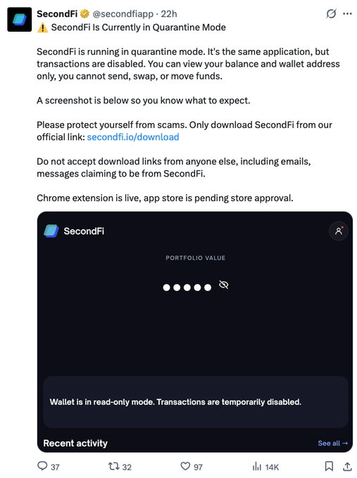 SecondFi Twitter post (@secondfiapp) announcing the app is in quarantine mode, warning users about scams and providing the official download link secondfi.io/download, with a screenshot showing the wallet in read-only mode.