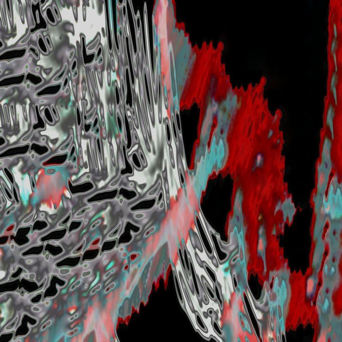 Abstract digital artwork with distorted, wavy patterns in black, silver-white, red, and cyan colors.