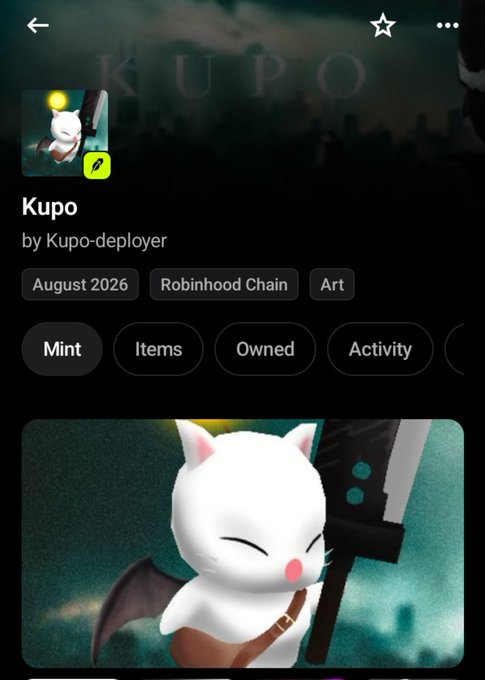 An NFT listing page for 'Kupo' by Kupo-deployer, tagged August 2026, Robinhood Chain, and Art, featuring a 3D white cat character with bat wings holding a sword.