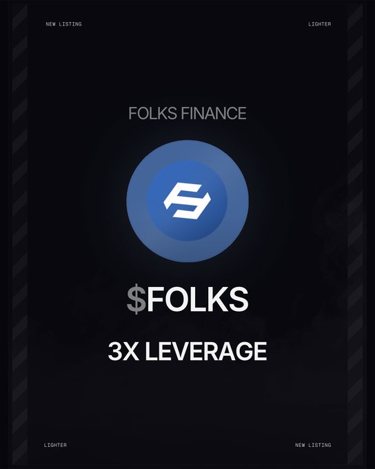 A promotional graphic for a new listing on Lighter, featuring the Folks Finance logo (a blue circular emblem) with text reading "FOLKS FINANCE," "$FOLKS," and "3X LEVERAGE" against a dark background, corresponding to the announcement that $FOLKS perpetual trading is now available at 3x leverage.