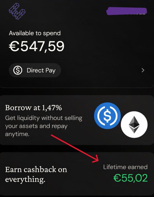 Screenshot of a crypto wallet app showing €547.59 available to spend, with sections to 'Borrow at 1.47%' and 'Earn cashback on everything', where a red arrow points to a 'Lifetime earned' amount of €55.02.