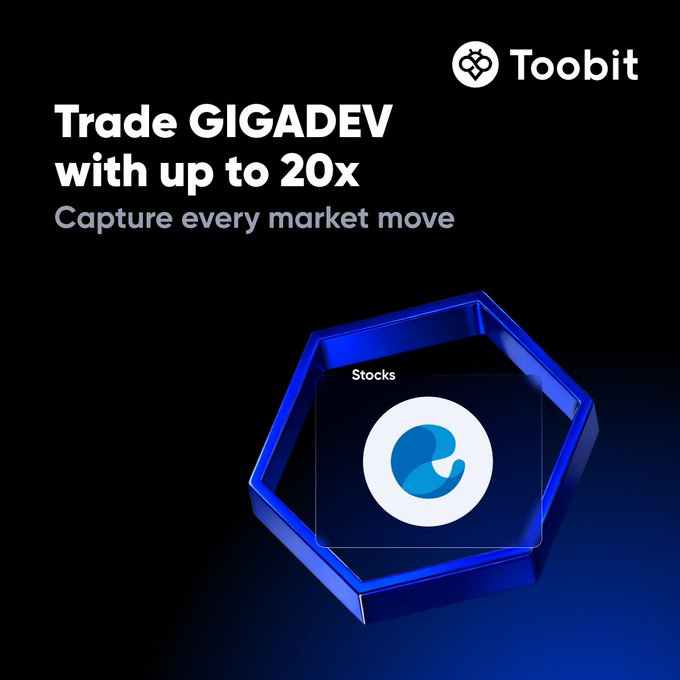 A promotional graphic for the cryptocurrency exchange 'Toobit' advertising leverage trading with the headline 'Trade GIGADEV with up to 20x - Capture every market move' featuring a hexagonal blue design element.