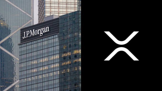 A split image featuring a skyscraper with the 'J.P.Morgan' sign on the left and the white XRP logo on a black background on the right.