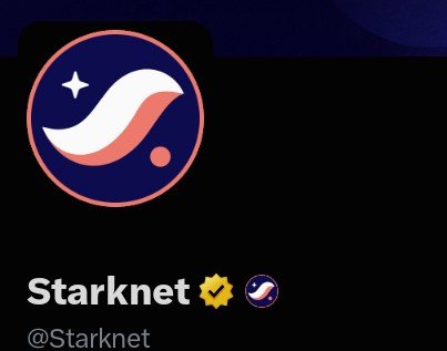 Social media profile snippet showing the Starknet logo (a stylized wave and star) with the verified handle '@Starknet'.