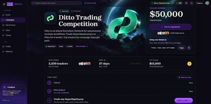 A campaign page on Zap showing a 'Ditto Trading Competition' for Hyperliquid perps with a $50,000 prize pool, 27 days left, and 2,239 traders registered.