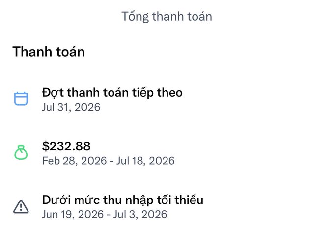 A Vietnamese payment summary showing 'Tổng thanh toán' with next payment due Jul 31, 2026, $232.88 earned between Feb 28 - Jul 18, 2026, and a notice 'Dưới mức thu nhập tối thiểu' for Jun 19 - Jul 3, 2026.