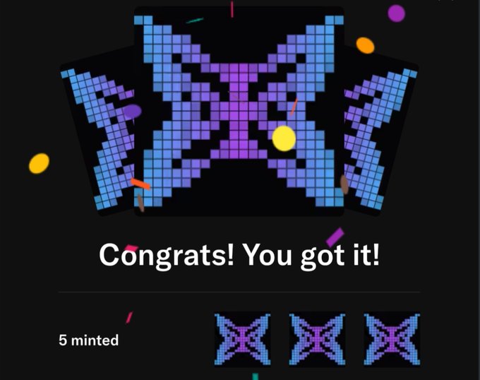 A digital display showing 'Congrats! You got it!' with pixel art figures and confetti, noting '5 minted'.