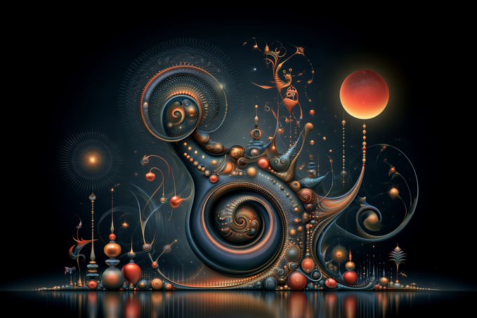 A surreal digital artwork featuring ornate swirls, spheres, and decorative elements in dark blue and orange tones, with a glowing red orb resembling a moon in the upper right.