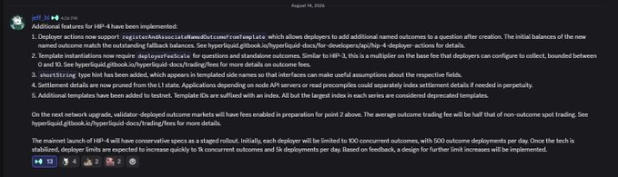 A screenshot of a Reddit post by user "jeff_3z" announcing that HIP-4 (which enables deployers to add additional named outcomes to questions on the Hyperliquid blockchain) is closer to mainnet, detailing the rollout with conservative specs including 100 concurrent outcomes and 500 outcome deployments per day.
