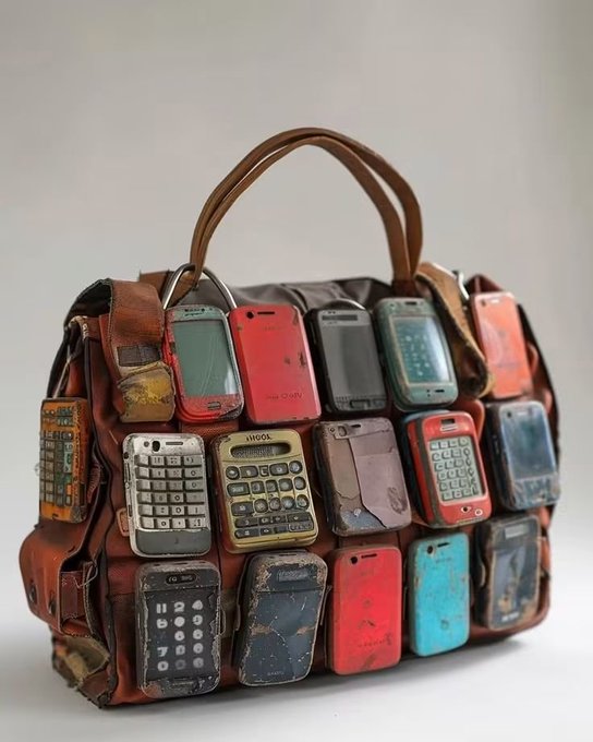 A brown leather handbag is completely covered in a mosaic of old, worn-out mobile phones and smartphone cases in various colors, including red, blue, and black.
