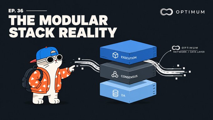 Episode 36 graphic titled 'THE MODULAR STACK REALITY' by OPTIMUM showing a cartoon character pointing at a three-layer blockchain stack diagram with Execution, Consensus, and DA components.