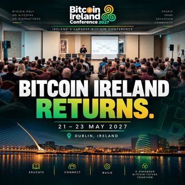 Promotional poster for the Bitcoin Ireland Conference 2027 taking place 21-23 May in Dublin, Ireland, billed as 'Ireland's Largest Bitcoin Conference' with the tagline 'Bitcoin Only, No Altcoins, No Distractions' and pillars 'Educate, Connect, Build'.