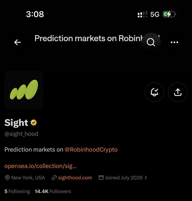 Twitter/X profile page for "Sight" (@sight_hoood) showing a green logo, the bio "Prediction markets on @RobinhoodCrypto", a link to opensea.io, located in New York, USA, with 14.4K followers.